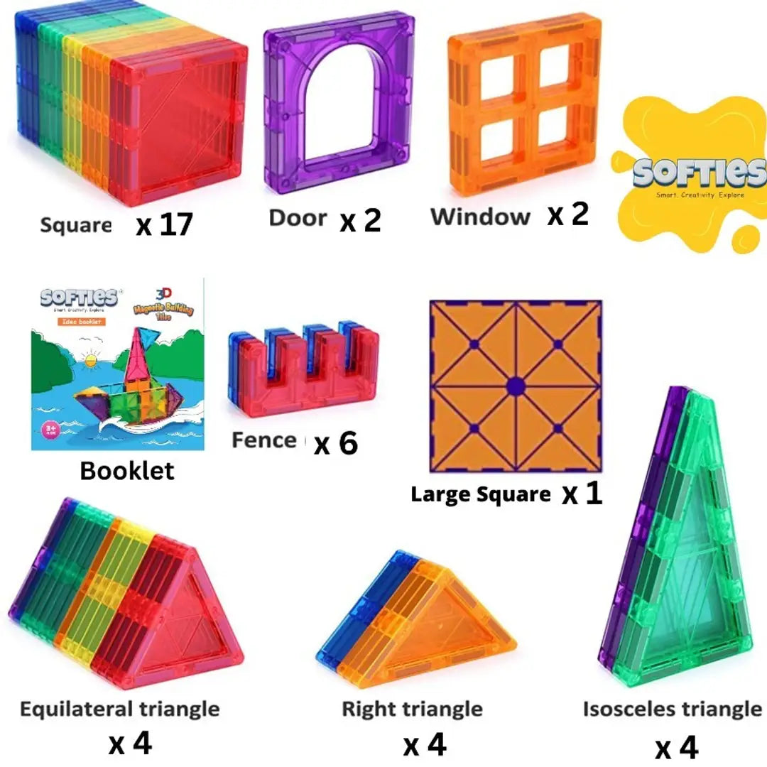 Softies 40pcs Magnetic tiles for kids | Magnetic Building Blocks Tiles | Magnetic Blocks for Kids tiles Puzzle for Great Learning | educational toys | Magnet toys for kids | Gifts for Girls, Boys, 3