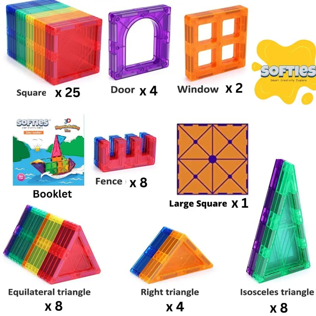 Softies 60pcs Magnetic tiles for kids | Magnetic Building Blocks Tiles | Magnetic Blocks for Kids tiles Puzzle for Great Learning | educational toys | Magnet toys for kids | Gifts for Girls, Boys, 3