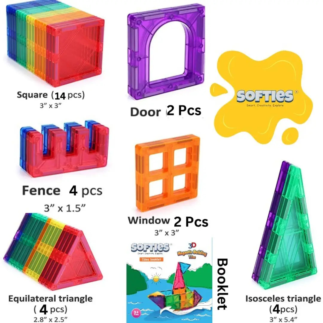 Softies 30 pcs Magnetic tiles for kids | Magnetic Building Blocks Tiles | Magnetic Blocks for Kids tiles Puzzle for Great Learning | educational toys | Magnet toys for kids | Gifts for Girls, Boys, 3